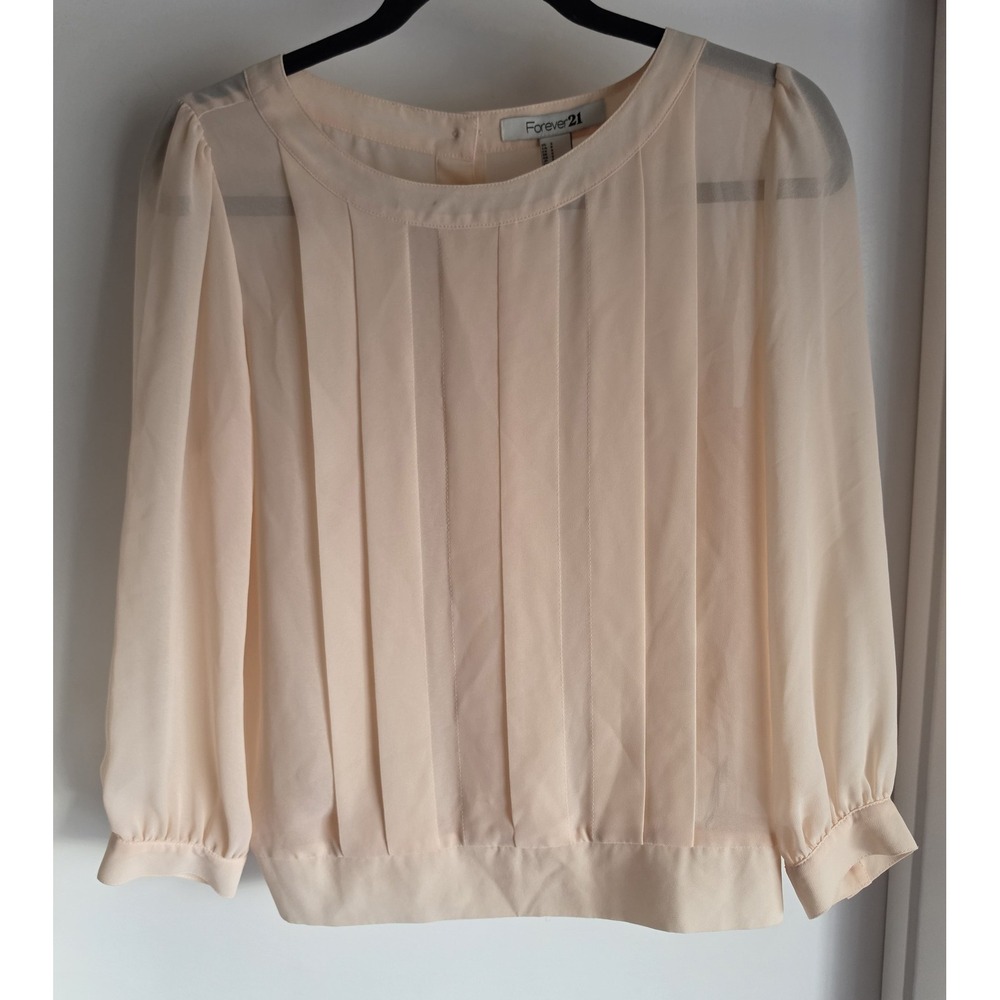 Forever 21 Blouse Women S Peach Solid Round Neck Long Sleeve Top Shirt